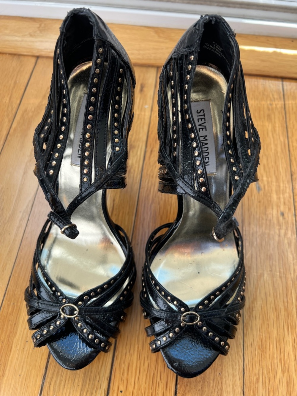 Steve Madden Black Patent Studded Strappy Stiletto Heels - Picture 4 of 4